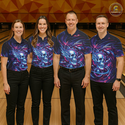 Custom Galaxy Flame Skull Bowling Team Men Polo Shirt, Bowling Tournament Outfit IPHW10296