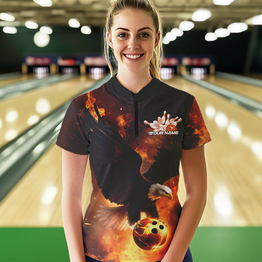 Custom Flame Eagle Bowling Quarter-Zip Shirts For Women, Ealge Bowling Team Shirt With Name IPHW8447