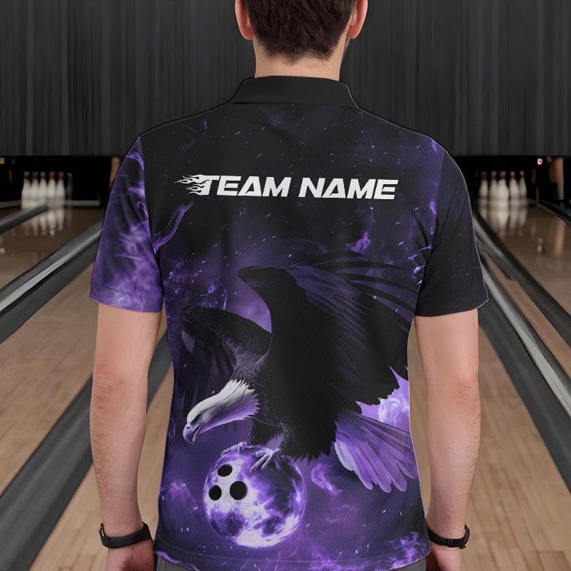 Custom Purple Flame Eagle Bowling Polo Shirts For Men, Ealge Bowling Team Shirt With Name IPHW8448