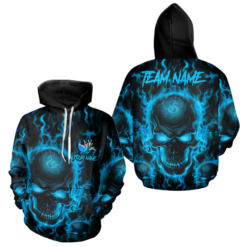 Custom Bowling Hoodie Shirts For Men And Women, Blue Flame Skull Team Bowling Jerseys Halloween Outfits IPHW8684