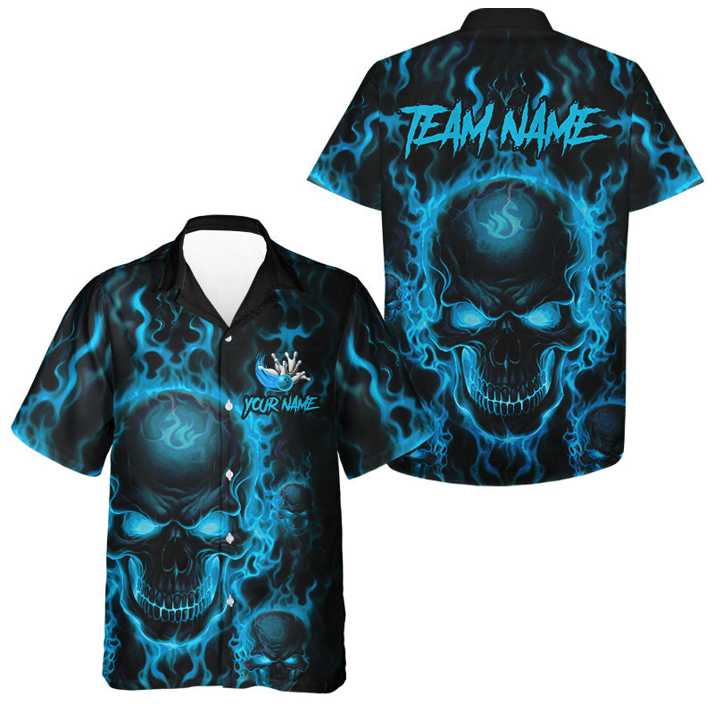 Custom Bowling Hawaiian Shirts For Men, Blue Flame Skull Team Bowling Jerseys Halloween Outfits IPHW8684