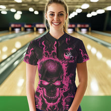 Load image into Gallery viewer, Custom Bowling Womens Quarter-Zip Shirts, Pink Flame Skull Team Halloween Outfits IPHW8685