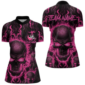 Custom Bowling Womens Quarter-Zip Shirts, Pink Flame Skull Team Halloween Outfits IPHW8685