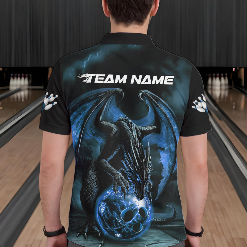 Black And Blue Custom Bowling Team Polo Shirts For Men, Dragon Bowling League Shirts IPHW8690