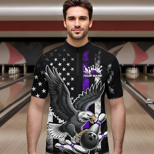 Custom Purple Line American Flag Eagle Bowling Men Quarter-Zip Shirt, Patriotic US Bowling Shirt IPHW8940