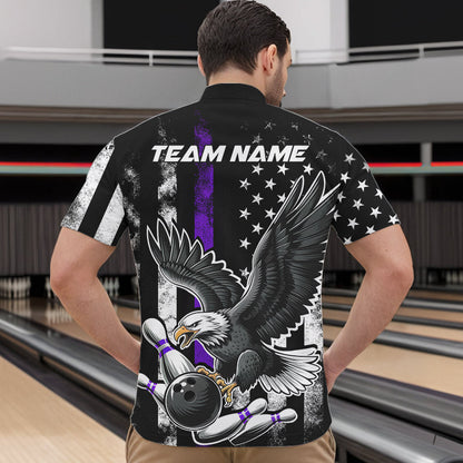 Custom Purple Line American Flag Eagle Bowling Men Quarter-Zip Shirt, Patriotic US Bowling Shirt IPHW8940