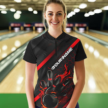 Load image into Gallery viewer, Custom Black And Red Flame Duckpin Bowling Women Quarter-Zip Shirts, Bowling League Shirt IPHW8947
