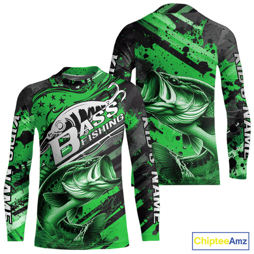 Custom Name Green Camo Bass Fishing Jerseys, Largemouth Bass Kid Long Sleeve Fishing Shirt IPHW9188