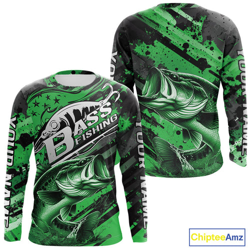 Custom Name Green Camo Bass Fishing Jerseys, Largemouth Bass Long Sleeve Fishing Shirt IPHW9188
