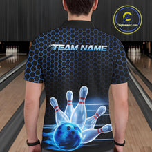 Load image into Gallery viewer, Custom Black And Blue Hexagon Flame Bowling Polo Shirts For Men, Bowling Team Shirt IPHW9389