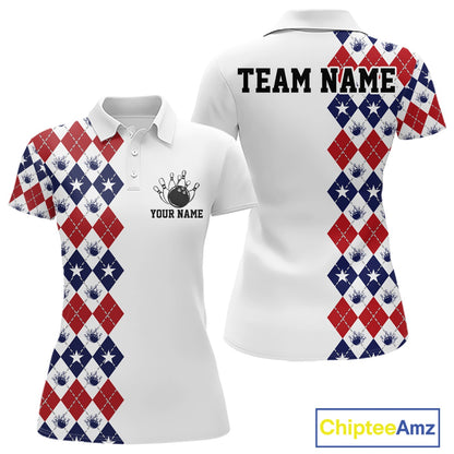 Custom Patriotic Argyle Pattern Bowling Team Women Polo Shirt, Retro Bowling Shirt IPHW11665