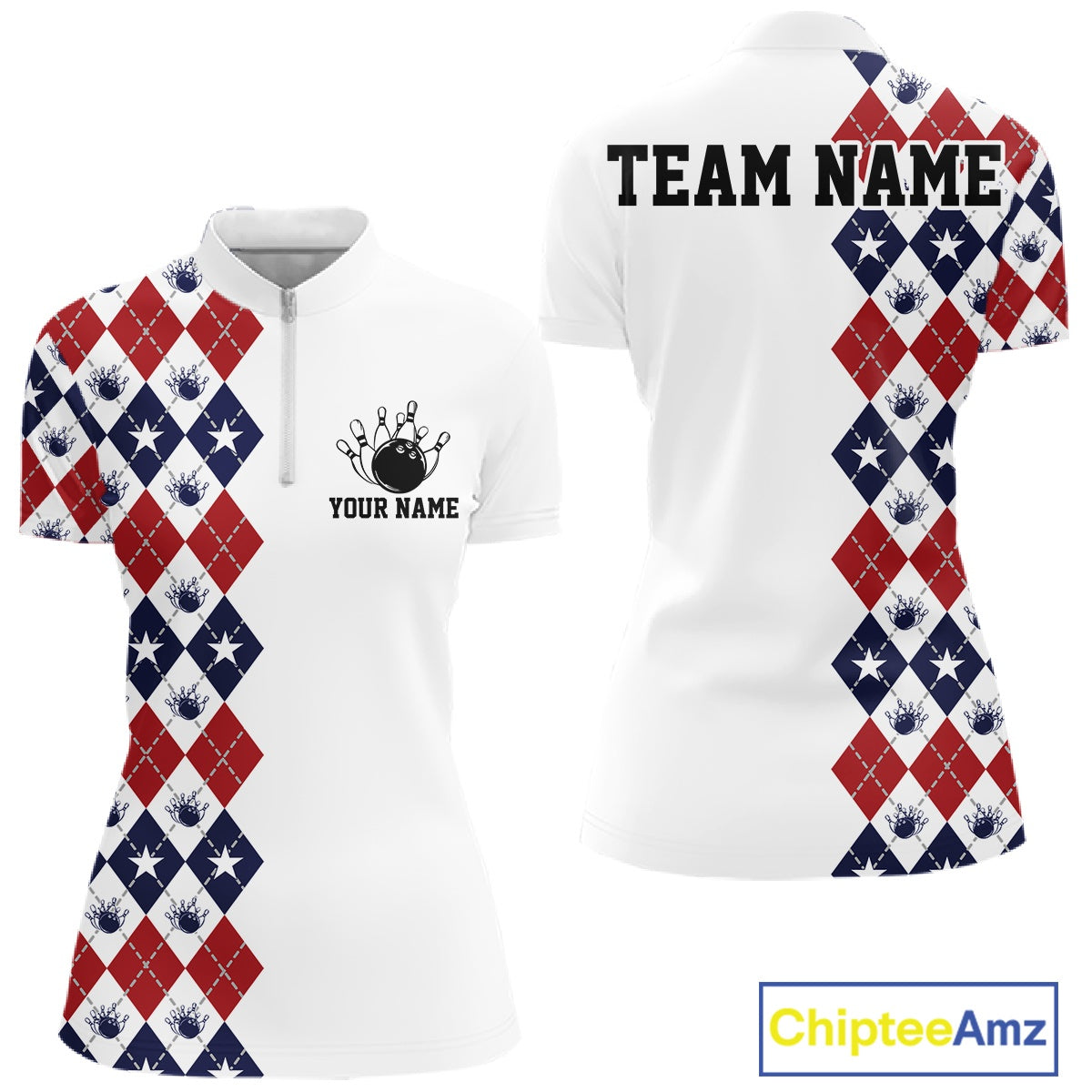 Custom Patriotic Argyle Pattern Bowling Women Quarter-Zip Shirt, Retro Bowling Shirt IPHW11665