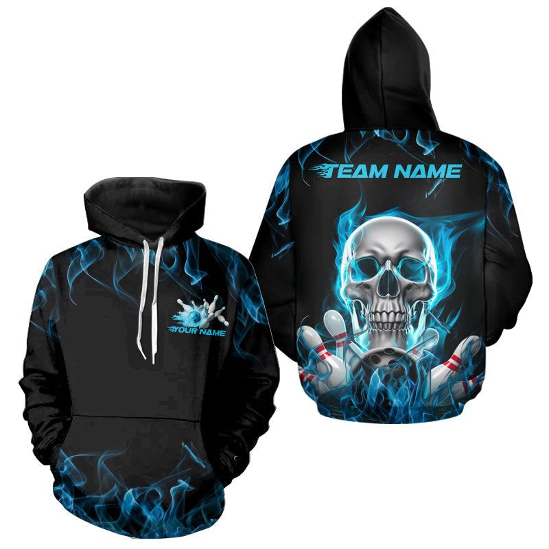 Custom Blue Flame Skull Bowling Hoodie Shirts For Men And Women, Halloween Bowling Tournament Shirt IPHW8221