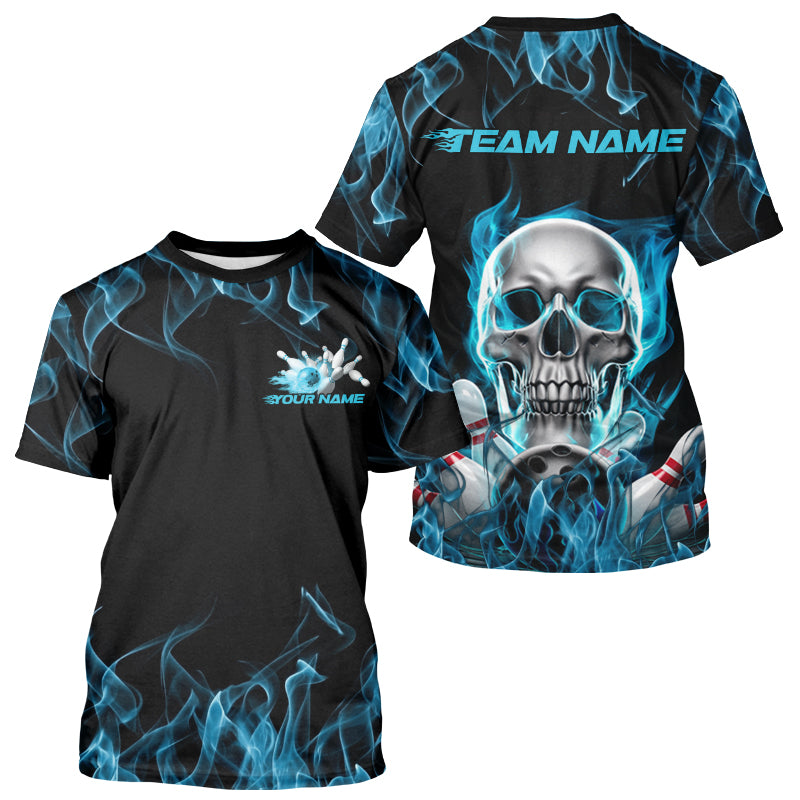 Custom Blue Flame Skull Bowling T-Shirts For Men, Halloween Bowling Tournament IPHW8221