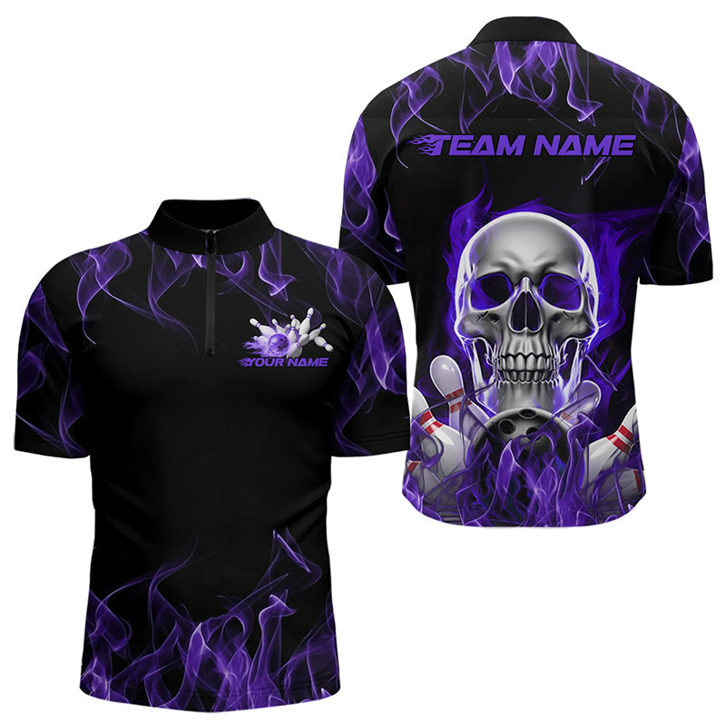 Custom Purple Flame Skull Bowling Quarter-Zip Shirts For Men, Skull Bowling Tournament Shirt IPHW8222