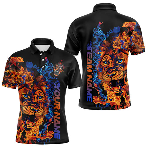 Blue And Orange Fire Custom Lion Bowling Polo Shirts For Men, Flame Bowling Team Shirt IPHW8227