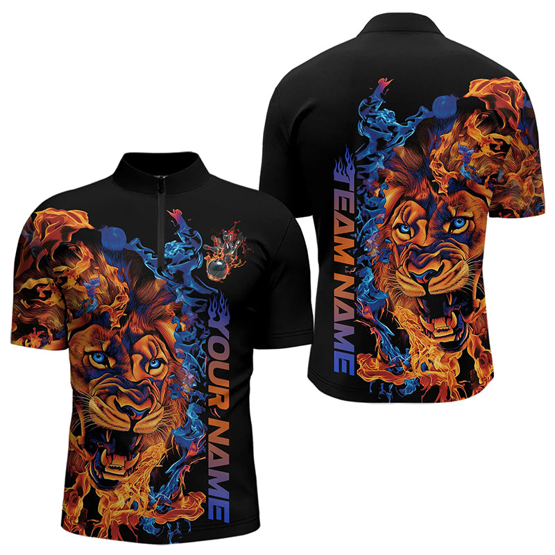 Blue And Orange Fire Custom Lion Bowling Quarter-Zip Shirts For Men, Flame Bowling Team Shirt IPHW8227