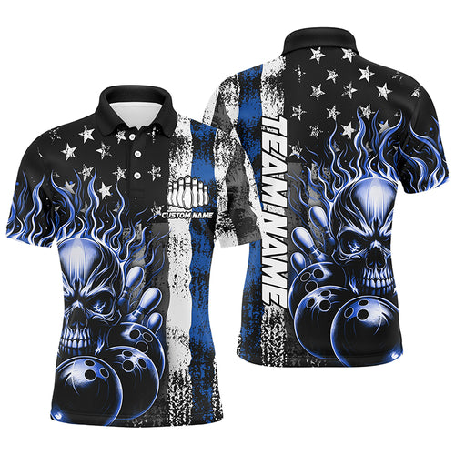 Personalized Multi-Color Thin Line American Flag Skull Bowling Team Shirts, Patriotic Flame Bowling Jerseys IPHW5928