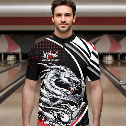 Custom Black And Red Dragon Bowling Team Quarter-Zip Shirts For Men, Dragon Bowling Jerseys IPHW8705