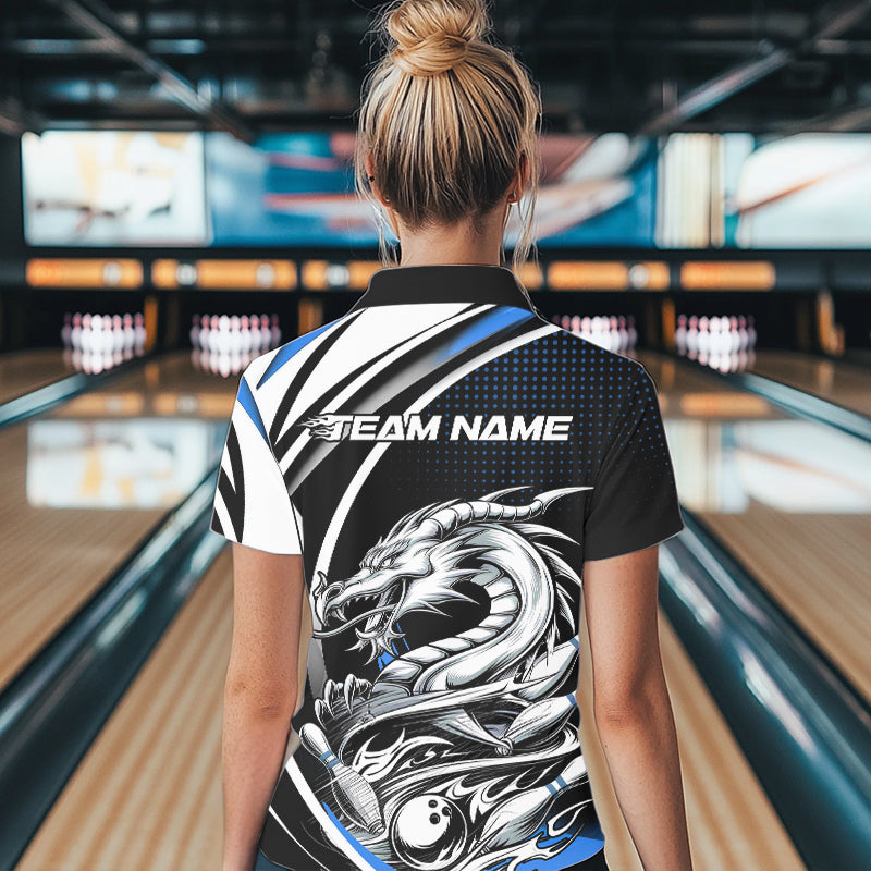 Custom Black And Blue Dragon Bowling Team Polo Shirts For Women, Dragon Bowling Jerseys IPHW8706