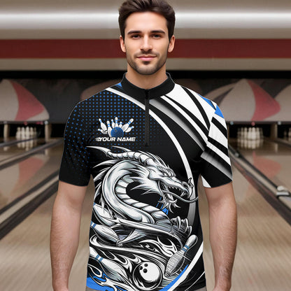 Custom Black And Blue Dragon Bowling Team Quarter-Zip Shirts For Men, Dragon Bowling Jerseys IPHW8706