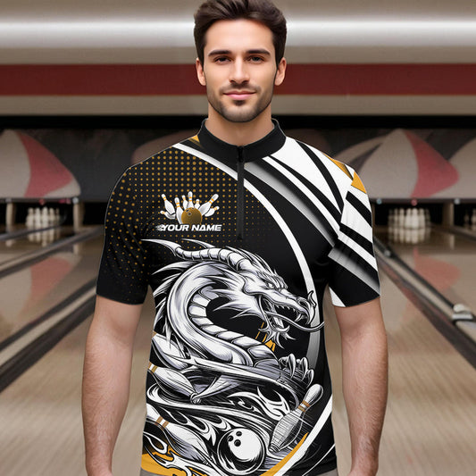 Custom Black And Yellow Dragon Bowling Team Quarter-Zip Shirts For Men, Dragon Bowling Jerseys IPHW8707