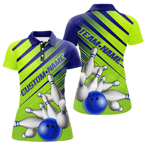 Blue And Green Strike Bowling Shirts For Women, Custom Name Bowling Team Jerseys IPHW6189