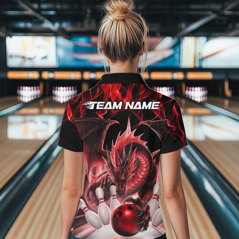 Custom Red Flame Dragon Bowling Quarter-Zip Shirts For Women, Dragon Bowling Team Jerseys IPHW8960