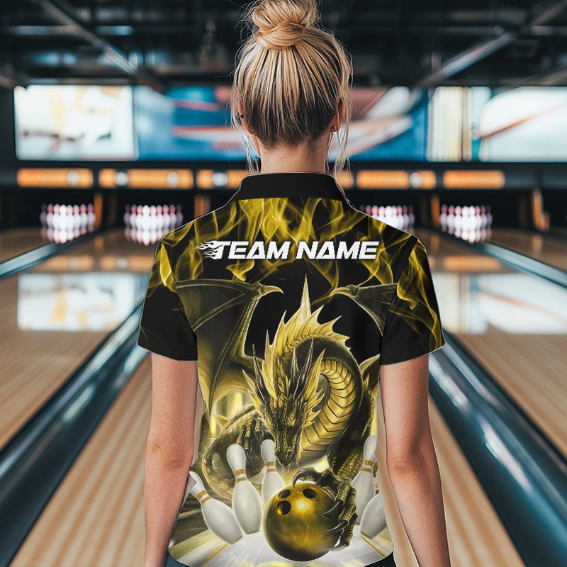Custom Yellow Flame Dragon Bowling Women Quarter-Zip Shirts, Dragon Bowling Team Jerseys IPHW8962