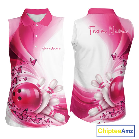 Pink and white bowling-themed sleeveless shirt with butterfly designs on a white background, featuring 'ChipteeAmz' branding.