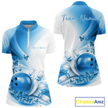 Load image into Gallery viewer, Custom Blue Butterfly Bowling Women Quarter-Zip Shirt, Ladies Bowling League Shirt IPHW11352