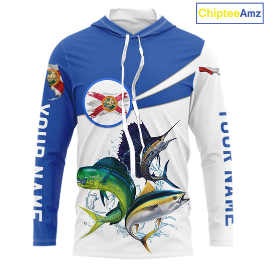 Hoodie with Mahi Mahi, Sailfish, Tuna fish design and Florida flag on a white background