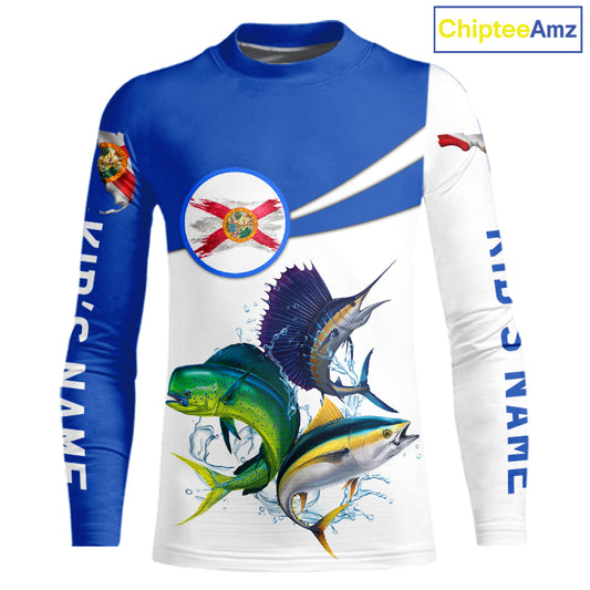 Long-sleeve shirt with Mahi Mahi, Sailfish, Tuna fish design and Florida flag on a white background