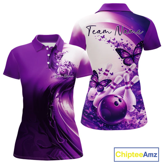 Women s purple bowling polo shirt mockup displayed from front and back with butterfly artwork and bowling-themed graphics.