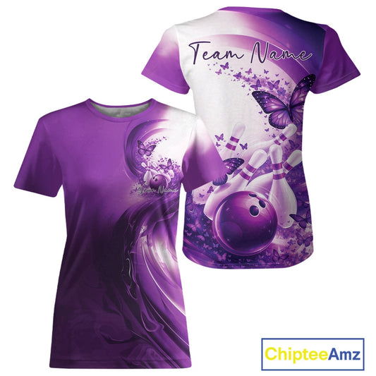 Purple t-shirt with bowling design and butterfly graphics, featuring 'Team Name' text.