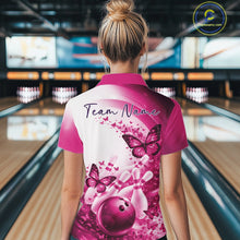 Load image into Gallery viewer, Custom Pink Butterfly Bowling Women Polo Shirt, Ladies Bowling Team Outfits IPHW11355