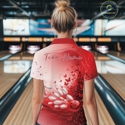 Back view of a female model in a white andred bowling polo featuring butterfly graphics and bowling artwork