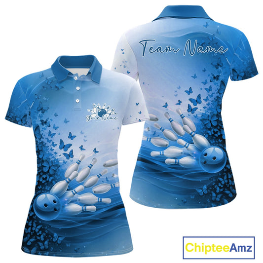 Women s white and blue bowling polo shirt mockup shown from front and back with butterfly artwork and bowling-themed graphics.