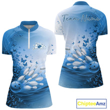 Load image into Gallery viewer, Custom Blue Butterfly Bowling Women Quarter-Zip Shirt, Women Bowling Tournament Uniform IPHW11361