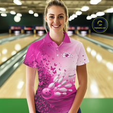 Load image into Gallery viewer, Custom Pink Butterfly Bowling Women Polo Shirt, Women Bowling Tournament Uniform IPHW11362