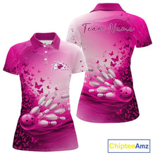Load image into Gallery viewer, Custom Pink Butterfly Bowling Women Polo Shirt, Women Bowling Tournament Uniform IPHW11362