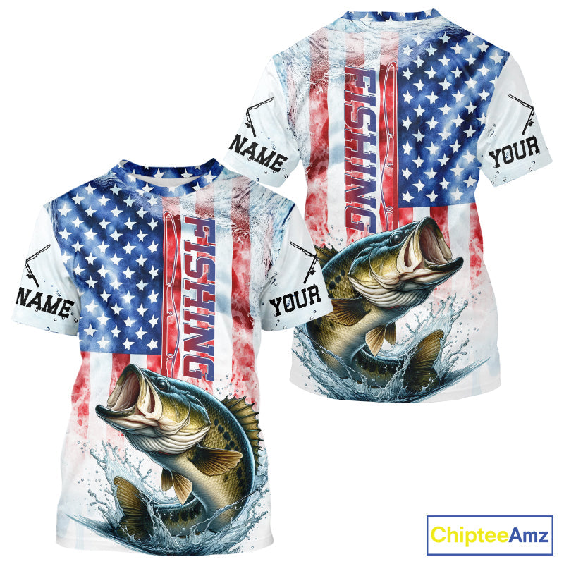 Custom Patriotic Largemouth Bass US Flag Fishing T-Shirt, Bass Fishing Jersey IPHW9198