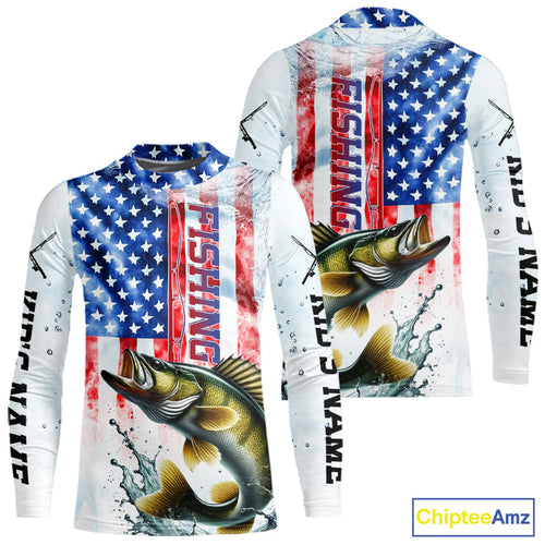 Custom Patriotic Walleye US Flag Kid Long Sleeve Fishing Shirt, Walleye Fishing Jersey IPHW9199