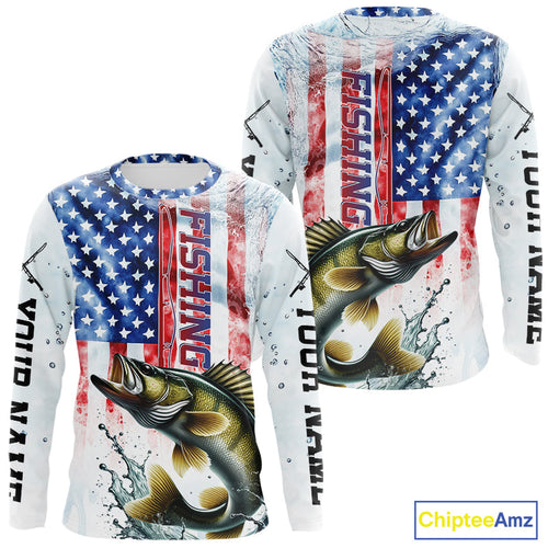 Custom Patriotic Walleye US Flag Long Sleeve Fishing Shirt, Walleye Fishing Jersey IPHW9199