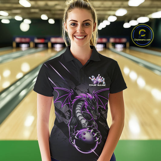 Custom Glowing Purple Dragon Bowling Team Polo Shirts For Women, Dragon Bowling Jerseys IPHW9539