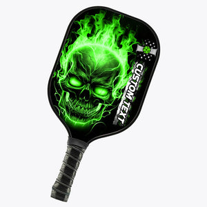 Custom Green Flame Skull Pickleball Paddle Halloween Pickleball Gifts, Patriotic Pickleball Paddles IPHW7219