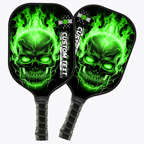 Custom Green Flame Skull Pickleball Paddle Halloween Pickleball Gifts, Patriotic Pickleball Paddles IPHW7219