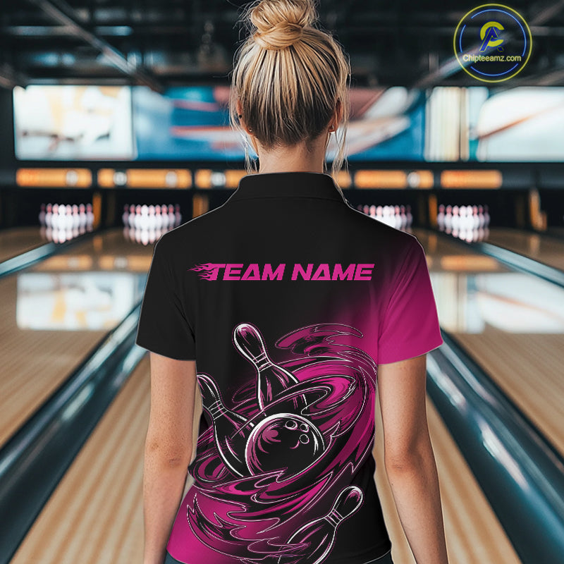 Custom Black And Pink Flame Bowling Women Quarter-Zip Shirts, Team Bowling League Shirt IPHW9777