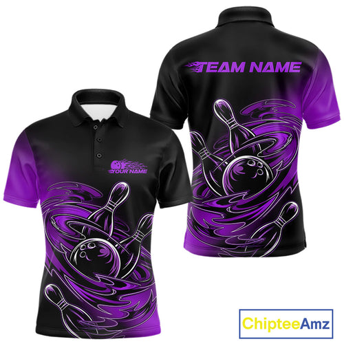 Custom Black And Purple Flame Bowling Polo Shirts For Men, Team Bowling League Shirt IPHW9778