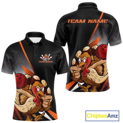 Custom Funny Orange Turkey Bowling Team Men Polo Shirts, Thanksgiving Bowling Shirt IPHW9783
